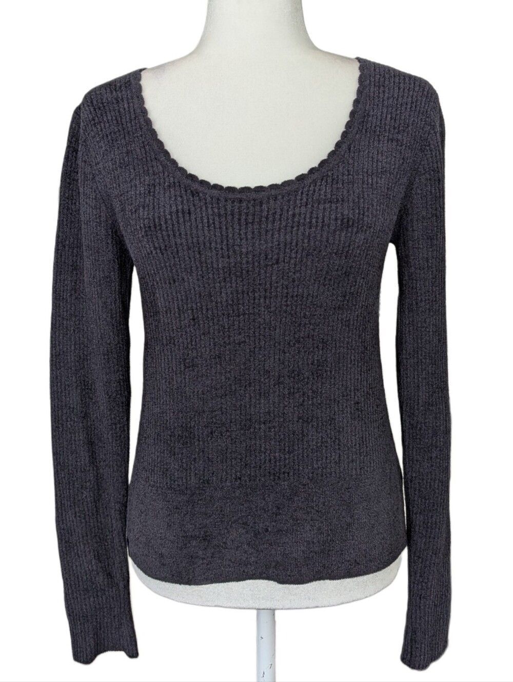 Barefoot Dreams CozyChic Ultra Lite Black Ribbed Scallop Neck Sweater Size Small - Picture 5 of 14